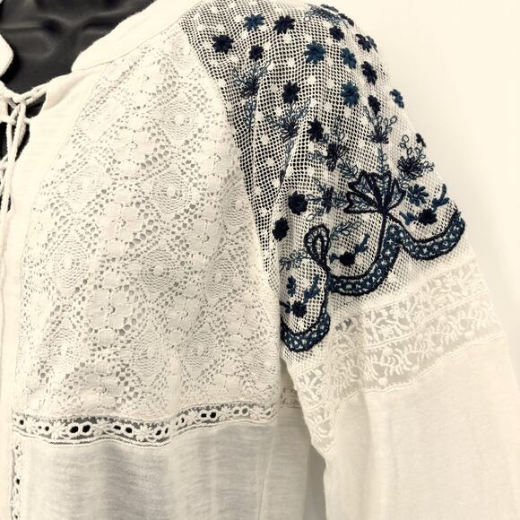 Lucky Brand Embroidered Top M Long Sleeve Shirt Blouse Lace Boho Hippie Peasant - Picture 3 of 7